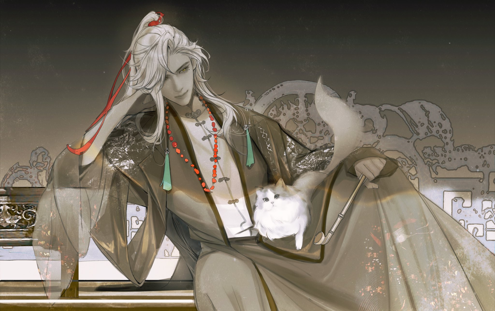 an anime man with long white hair is sitting on a bench, wearing a longsleeved, traditional chinese robe with a red ribbon and red beads. he is holding a white cat with a long, slender pipe in his hand.