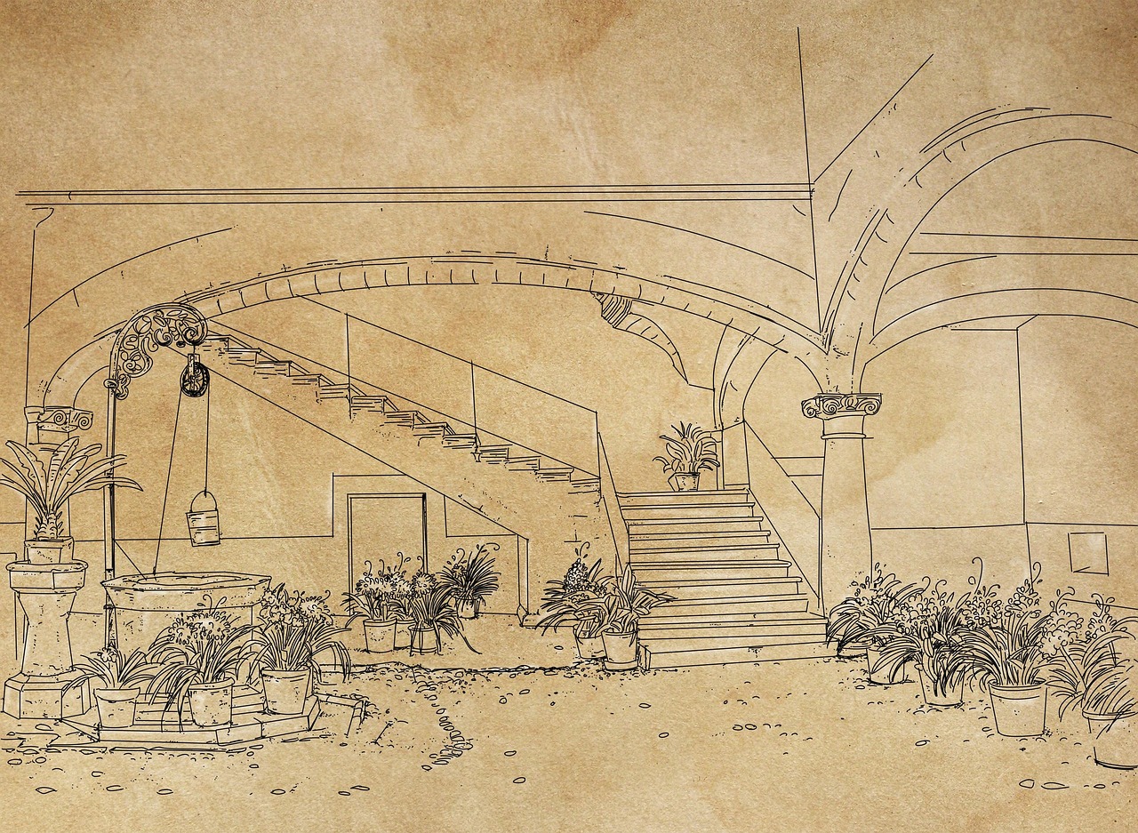 a vintage line art drawing of a courtyard with architectural elements like arches, stairs, and a well. potted plants are scattered throughout, adding to the scene's charm. the drawing style gives it an old, historical feel.