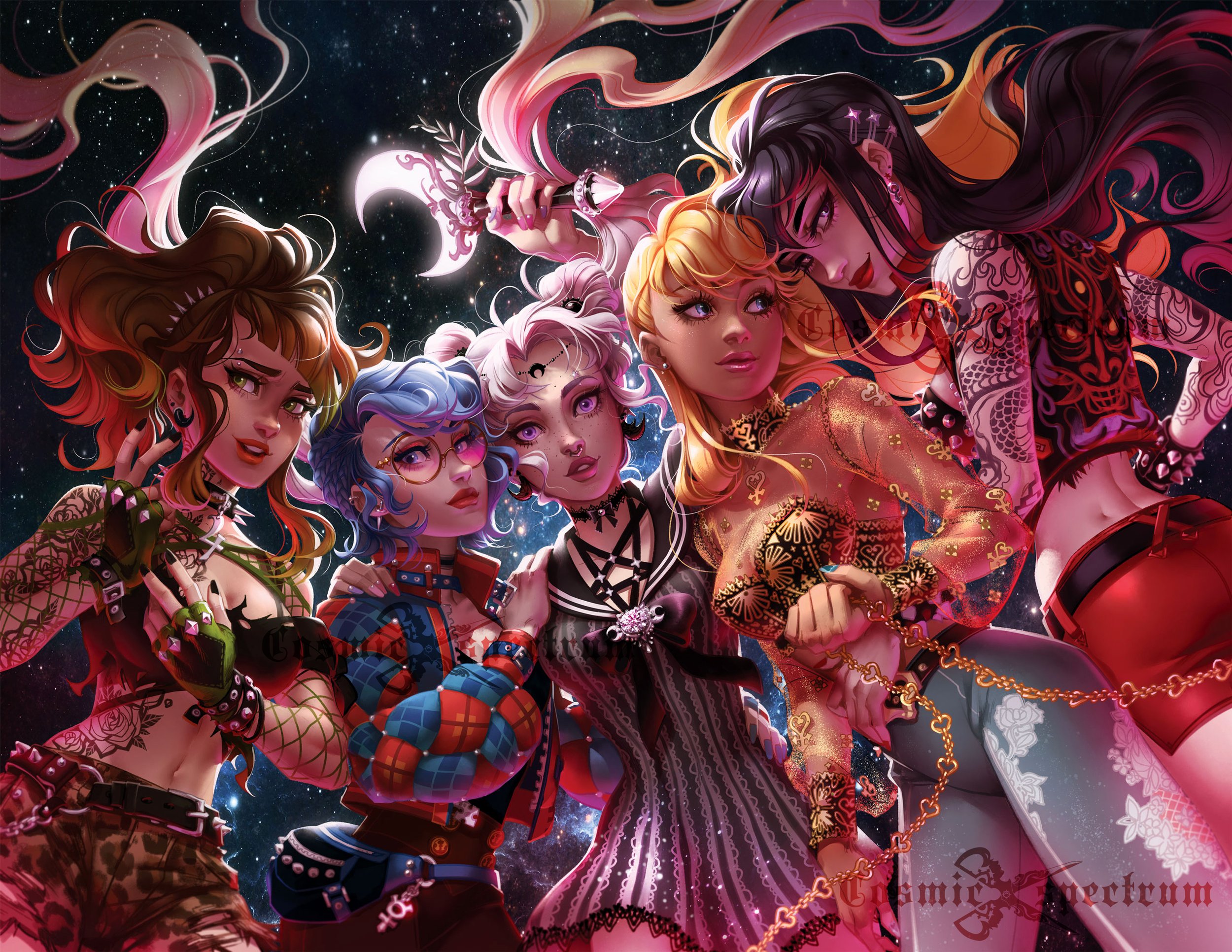 the image is a vibrant and dynamic digital fanart piece depicting a reimagined version of the sailor guardians from the sailor moon anime and manga. the characters are styled in a punk/goth aesthetic. they sport tattoos, dark clothing, and studded accessories, creating a rebellious and edgy look that contrasts with the typically more demure outfits of the original series.  the background is a deep space setting with stars and nebulae, adding a mystical and powerful atmosphere. the sailor guardians are arranged in a closeknit group, showcasing their camaraderie and strength. one guardian holds a crescent moonshaped object which hints at their magical origins.  the overall style is a blend of anime aesthetics and modern digital art techniques resulting in a detailed and visually striking piece.