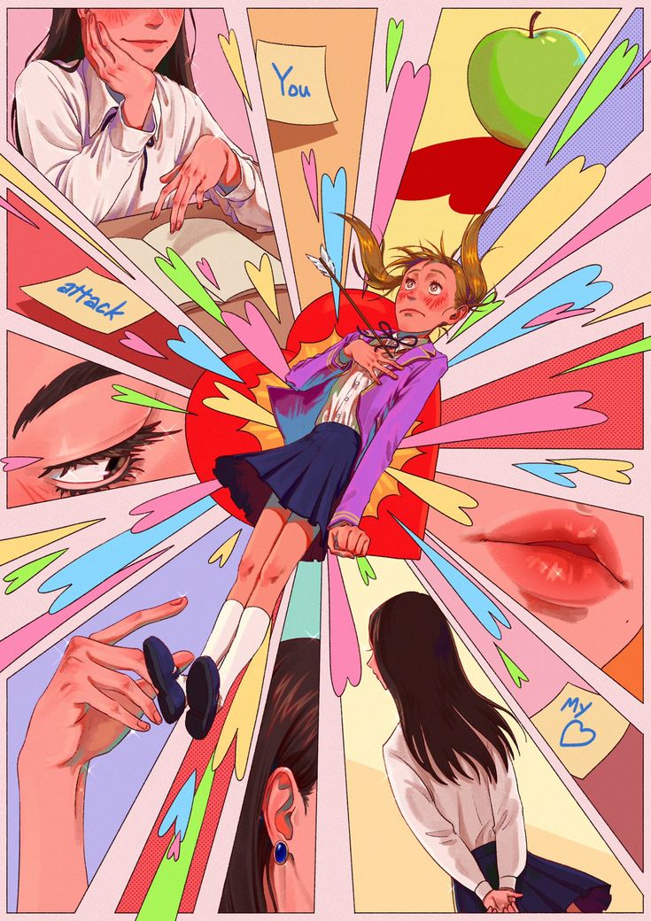 the image is of a colorful anime comic style illustration. the main subject is a female anime character with pink hair and a blue and white outfit. she is holding a heart and an arrow. the character is surrounded by a variety of other anime characters. the comic style illustration includes hearts, flowers, and other decorative elements. the image is bright and colorful.