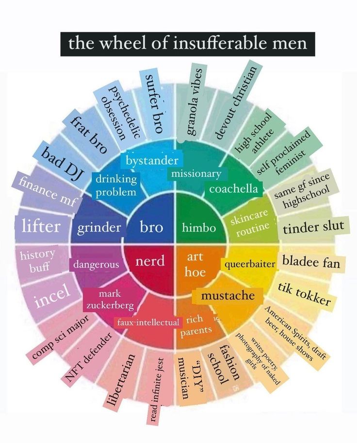the image is a circular "wheel" chart titled "the wheel of insufferable men". the wheel is divided into sections, each labeled with a different type of man or trait considered irritating. the categories range from "frat bro" and "bad dj" to "incel" and "nft defender", "tik tokker" and "bladee fan", including behavioral traits, hobbies, and stereotypes.