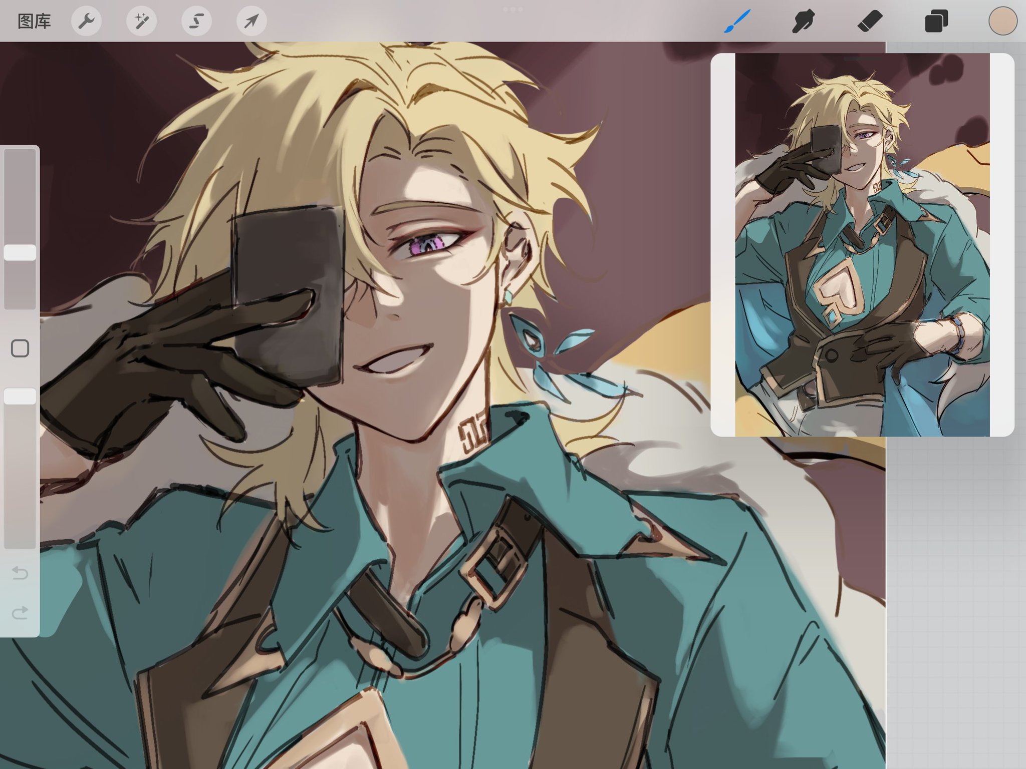 this is a digital illustration of an anime character. the character is a male with blonde hair and blue eyes. he is wearing a green shirt, brown jacket, and black gloves. he is sitting and smiling, holding a phone. the illustration is done in a stylized anime art style.