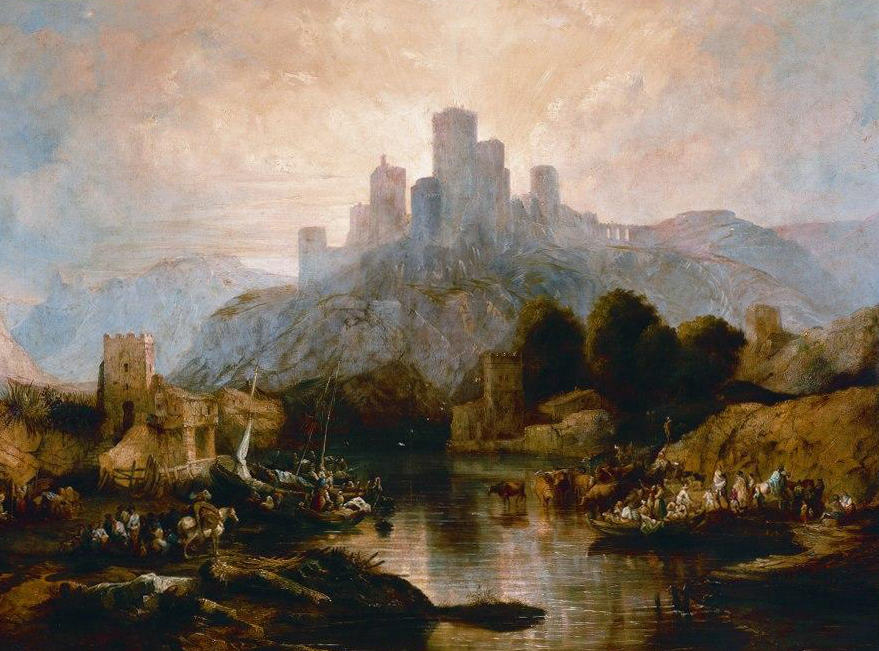 the image is a painting depicting a landscape with a large castle situated on a hill in the background. a wide river flows through the scene, with boats carrying people and animals across it. on either side of the river are shores with trees, ruins, and more people. the sky is filled with clouds, creating a soft light that illuminates the entire scene. the castle features multiple towers and a bridge connecting parts of it. the overall impression is one of a bustling scene in a historical or fantasy setting.