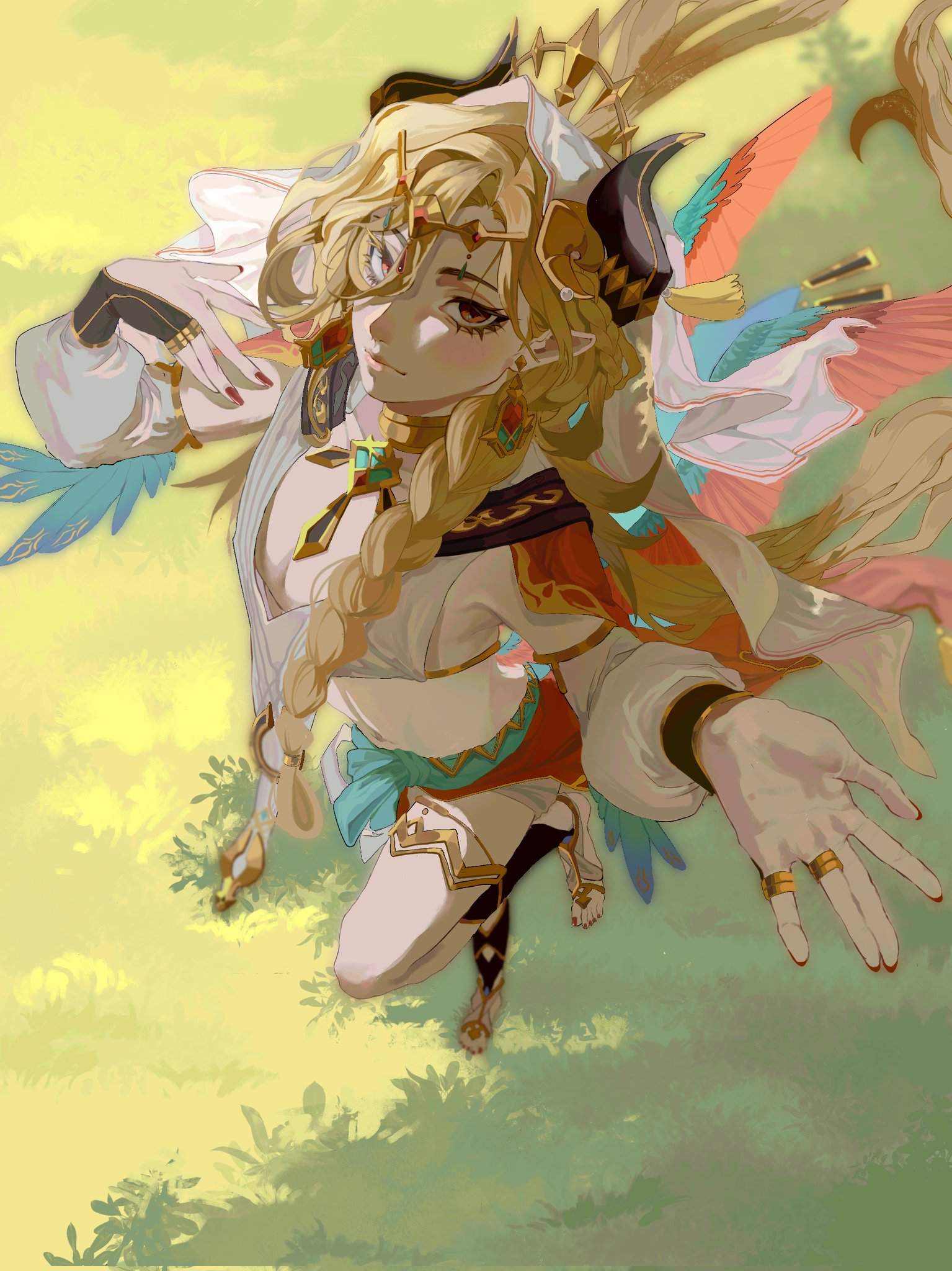 this illustration features a beautiful anime girl with long blonde hair, wearing a white dress with gold accents and colorful feathers and wings. she is surrounded by a vibrant and colorful background, creating a visually striking image.  her piercing blue eyes gaze directly at the viewer, conveying a sense of power and confidence. the intricate details in her jewelry, wings, and dress create a sense of fantasy and wonder, suggesting she is a powerful or magical character.