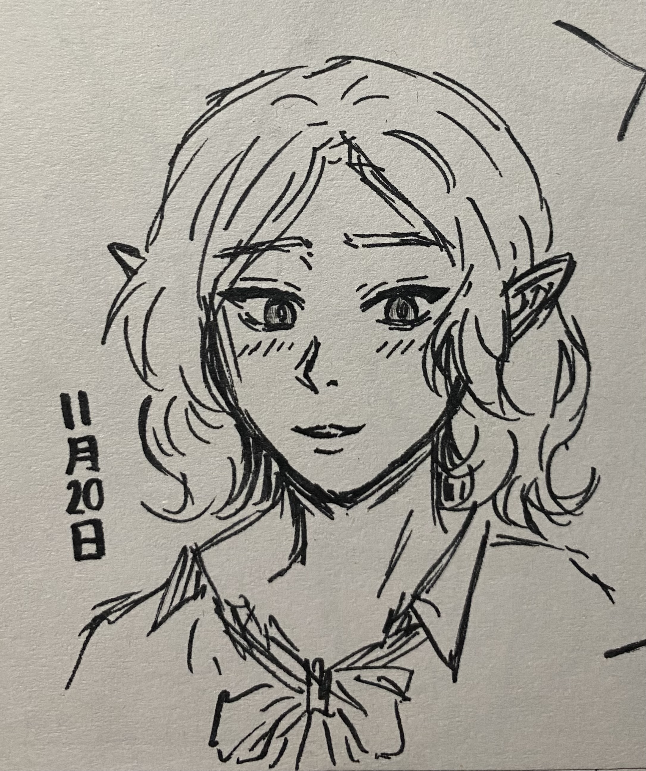 the image is a black and white ink sketch of an animestyle girl with elf ears. she has short, wavy hair and is wearing a school uniform with a bow tie.  the drawing is done in a quick, sketchy style, and there's a date written in the corner – "11月20日," which translates to november 20th in japanese. the overall style is cute and somewhat reminiscent of manga.