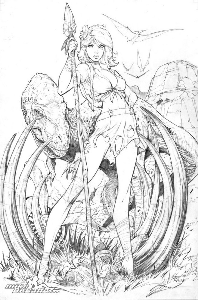 a black and white sketch of a young woman in a tattered, revealing outfit stands with a spear in a prehistoric jungle setting. she is leaning on the skeleton of a large dinosaur, possibly a tyrannosaurus rex. a living tyrannosaurus rex is visible behind her, and pterosaurs fly in the background. the scene suggests a classic "jungle girl" adventure theme.