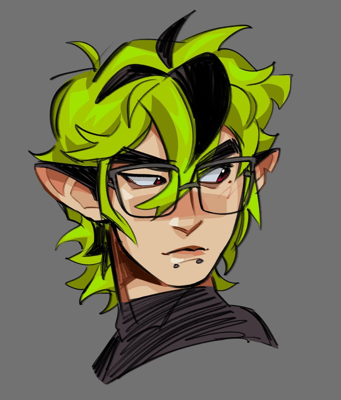 the image is a digital drawing or illustration of a stylized male character. he has bright neon green hair with a distinct black streak, elflike pointed ears, and is wearing glasses.  he appears to be a young adult with a serious or somewhat sullen expression. he has a small facial piercing visible on his lower lip. he's dressed in a darkcolored, highnecked shirt or turtleneck. the art style is reminiscent of anime or manga, with bold lines and slightly exaggerated features. the background is a simple, muted gray. the overall feel is somewhat edgy and fashionable.