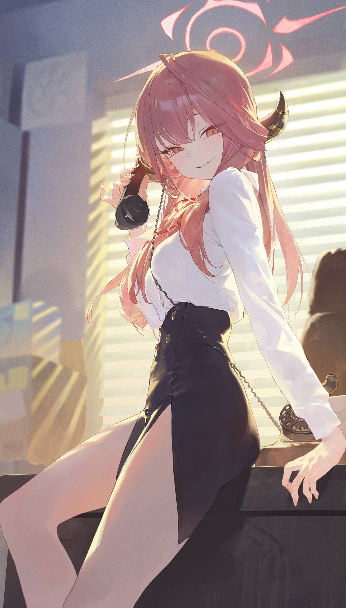 the image features an animestyle illustration of a young woman in an office setting. she is seated on a desk, her body angled towards the viewer with a playful, mischievous grin. she has long, flowing pink hair and a pair of small horns, suggesting a devilish persona. she's dressed in a white, longsleeved blouse and a black pencil skirt with a high slit. she holds the receiver of a vintage telephone to her ear, the cord dangling playfully in her other hand. the environment is an office, indicated by the desk and the shadowed outlines of filing cabinets in the background. the lighting suggests natural daylight streaming through a window, casting soft shadows and illuminating the scene with a warm glow. the low perspective adds to the seductive and confident aura of the character.