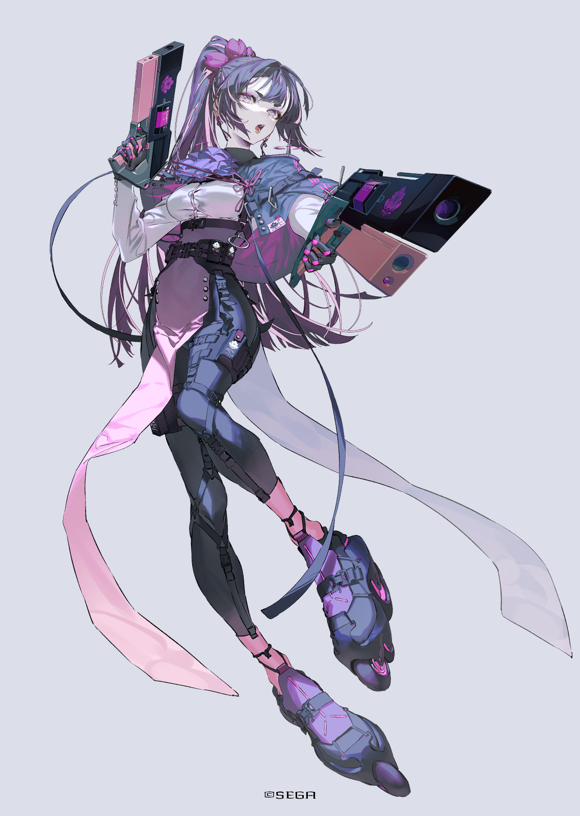 this is a digital illustration of an anime female character in a futuristic setting. she is holding two pistols in her hands, and is wearing a pink and purple outfit with black and white accents. her hair is long and purple with a pink accent. she is wearing stylish combat boots with roller skates.