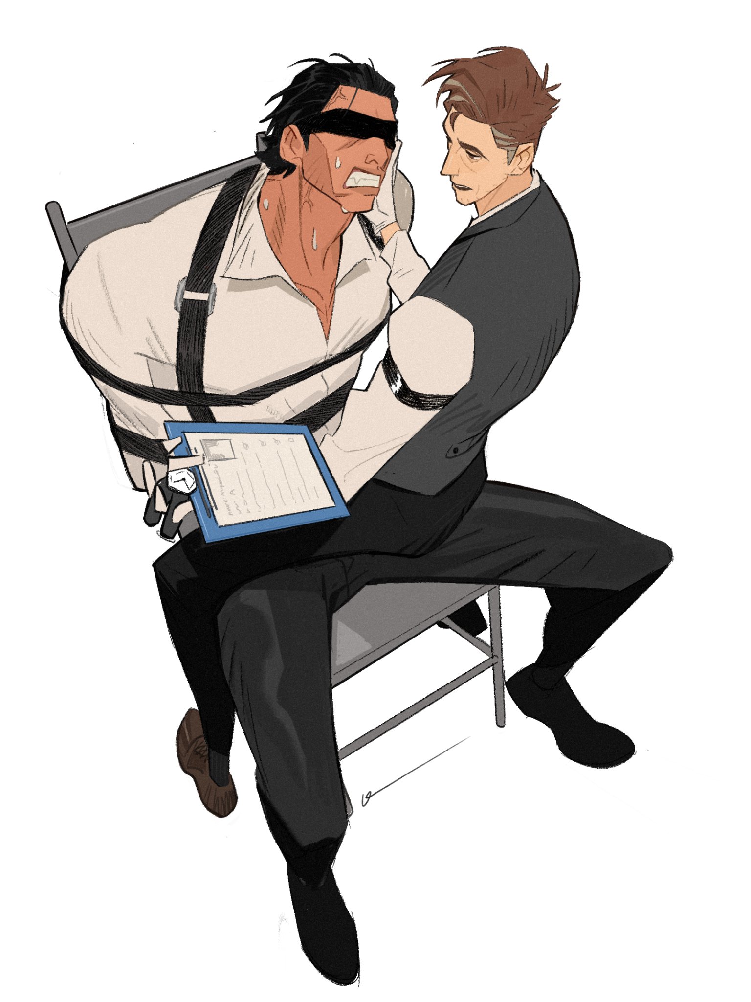 a man is sitting on a chair. his legs are spread out in front of him. he is wearing black pants and a white shirt. his hands are tied behind his back with rope. he is holding a piece of paper. the man in the chair is looking up at another man standing next to him. the man standing is wearing a black suit and has his hand on the seated man's shoulder.