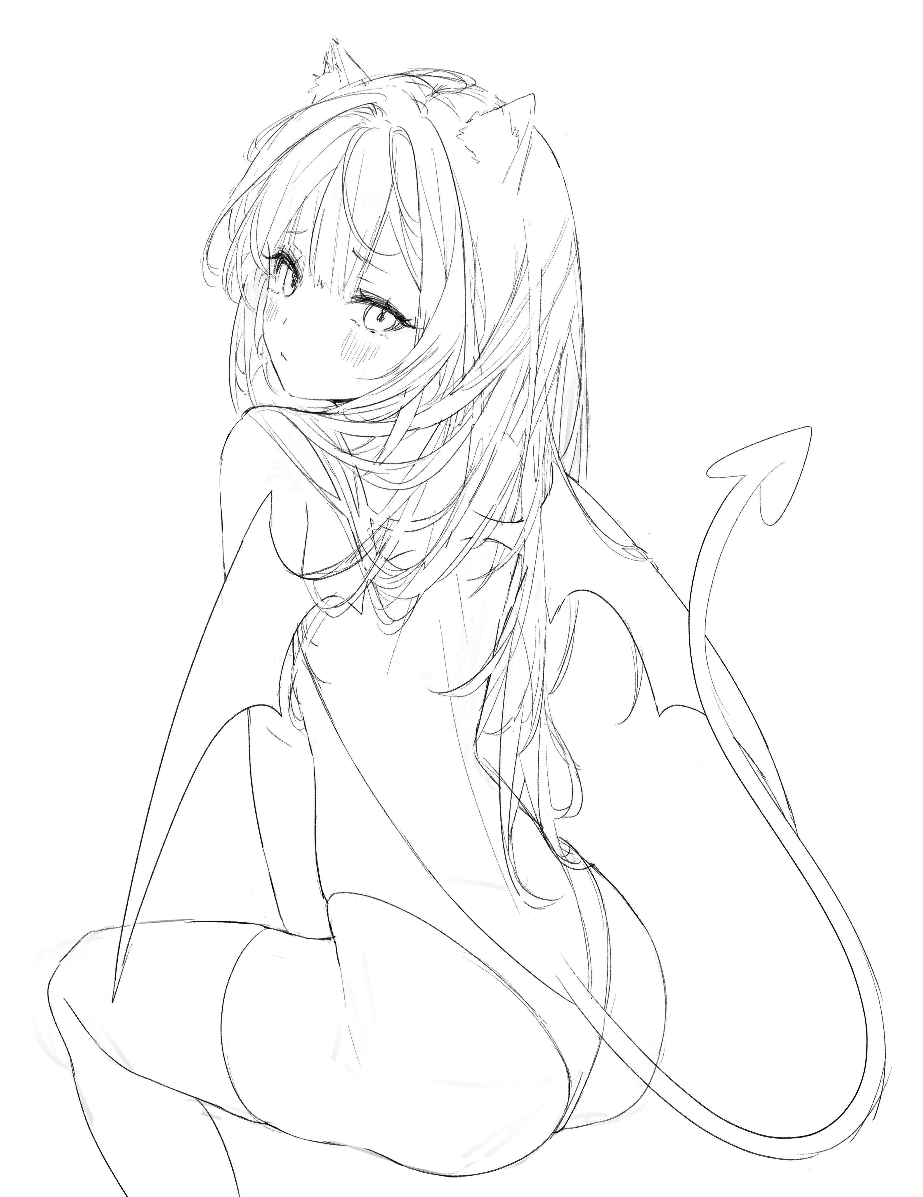 the image is a pencil sketch or digital line art drawing of an animestyle girl. she's depicted from behind, sitting with her long hair falling down her back.  she's wearing a leotardlike outfit with a devil tail and cat ears, suggestive of a playful, possibly mischievous character design. the style is light and sketchy, with soft lines and shading suggesting a delicate and somewhat shy demeanor despite the devilish accessories. the overall impression is one of youthful cuteness mixed with a hint of suggestive posing.