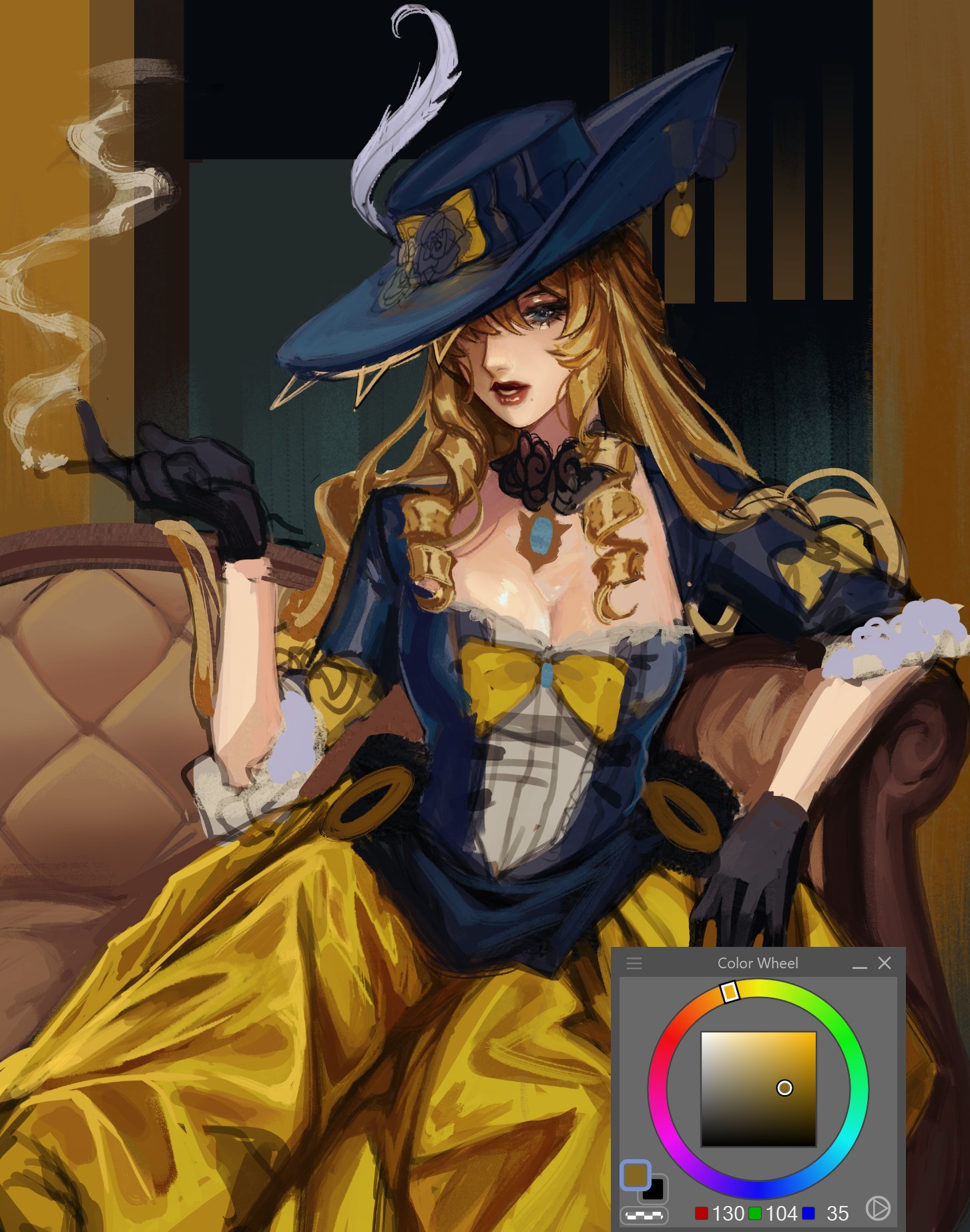 a beautiful woman with long blonde hair is sitting on a chair, looking at the viewer. she's wearing a blue and yellow dress with a golden bow, a black hat, and black gloves. she's smoking a cigarette and the smoke is floating around her head. the background is a dark, but elegant room, and the woman is looking very sophisticated.