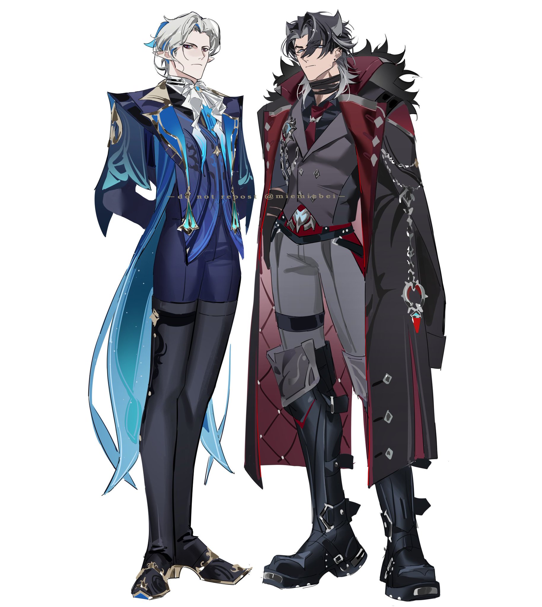 two anime male characters standing side by side. the one on the left is wearing a blue coat with a white shirt and black trousers. he has white hair with blue highlights. the character on the right is wearing a red coat with a black shirt and grey trousers. he has black hair with white highlights. both characters have long boots.