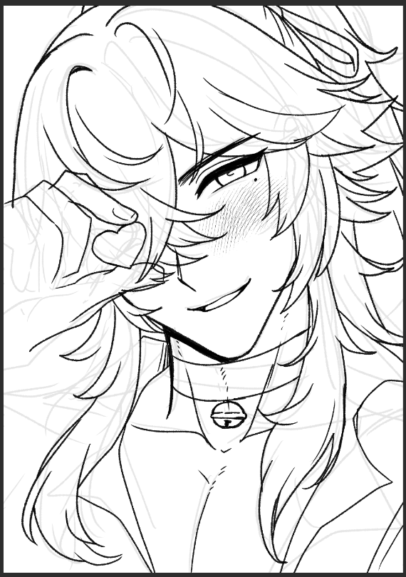 a black and white line art drawing of a cute anime girl with long hair winking and blushing. she has a collar or choker around her neck with a bell on it. the drawing style is typical of manga or anime. the image is very detailed and shows the character's expression and features clearly.