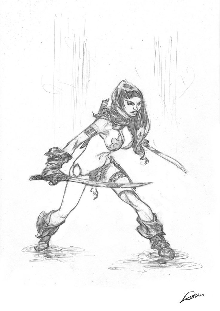 a pencil sketch of a female warrior standing in a wide stance with swords drawn. she is wearing boots, gloves, a headdress, and minimal armor. the background is sparse, with vertical lines suggesting a forest or similar environment. there are ripples on the ground, implying she is standing in water.
