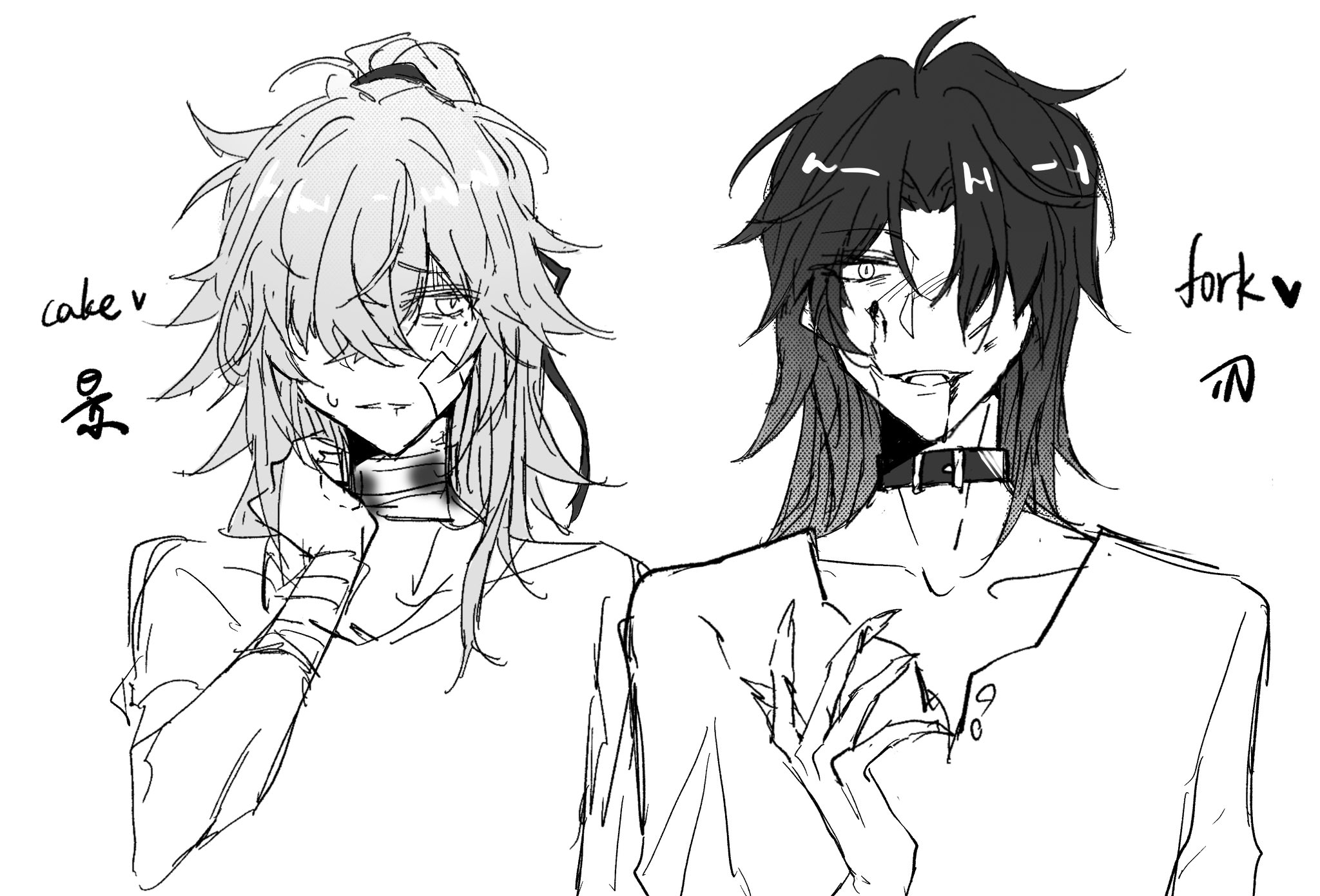 a sketch of two anime characters, one male with long white hair and a sad expression, holding a fork and a knife near his throat, and the other with long black hair and a sinister expression, also holding a fork and a knife, with the words "cake" and "fork" written on either side. the drawing appears to be a depiction of a disturbing or unsettling scene.