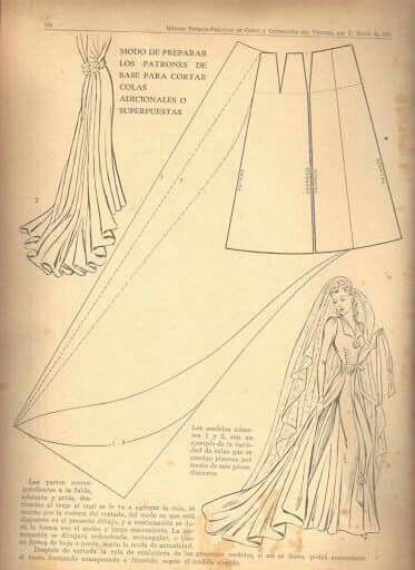 a vintage fashion illustration showcasing a dress pattern for creating additional or superimposed trains. the image includes diagrams of the pattern pieces, lines showing how to create a train, and an illustration of a woman wearing a wedding dress with a train. the text above the patterns is in spanish, stating "modo de preparar los patrones de base para cortar colas adicionales o superpuestas" (how to prepare the basic patterns to cut additional or superimposed trains).