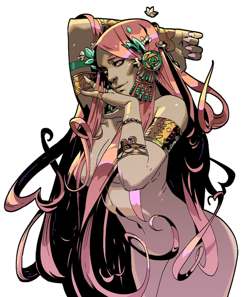this is a digital art illustration of a woman with pink hair and dark black roots. she is wearing a floral crown and other gold jewelry and is posing with one hand on her face and the other near her shoulder. she is looking away from the viewer.