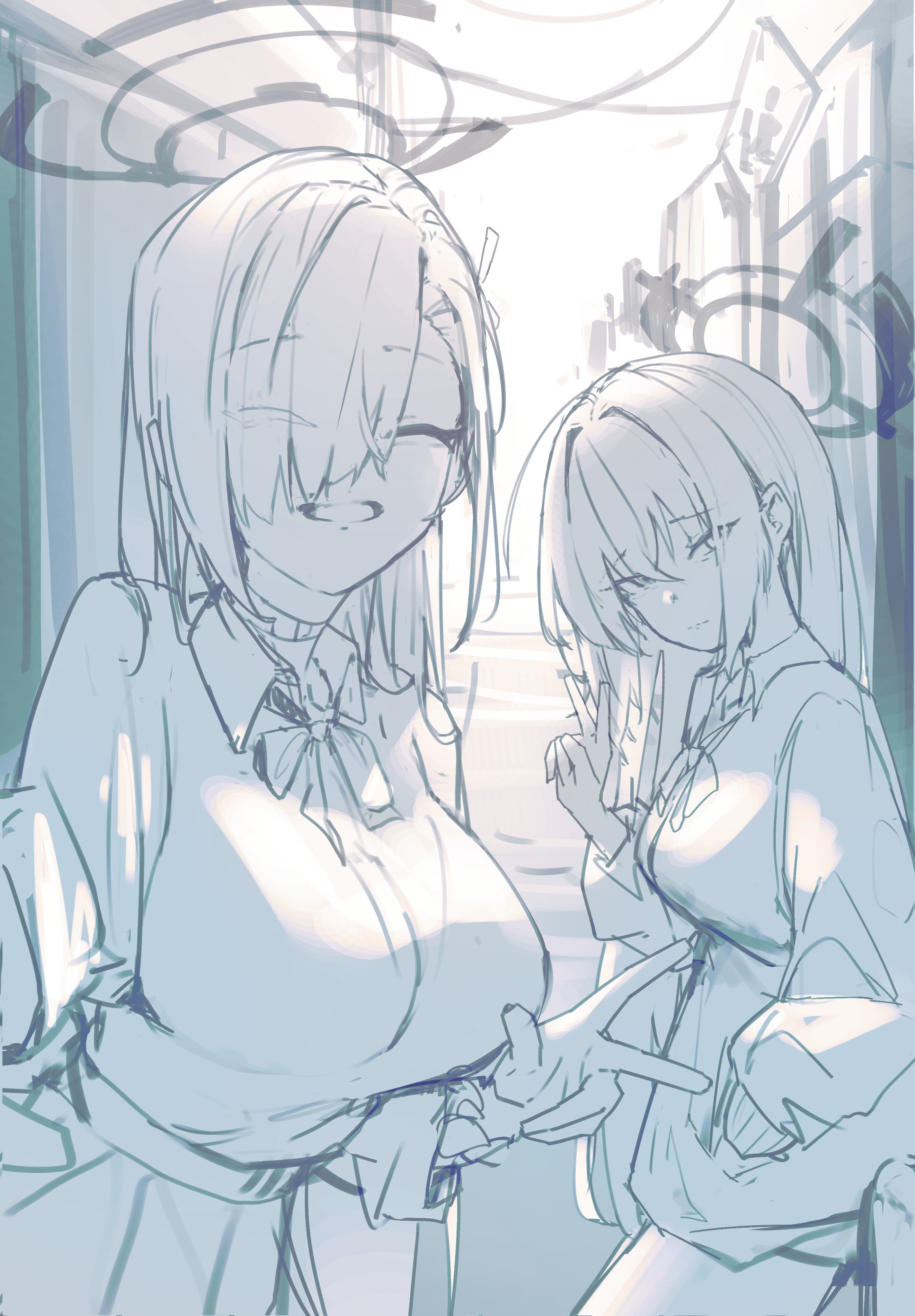 an animestyle sketch features two girls wearing school uniforms. the girl on the left is smiling, while the girl on the right is giving a peace sign. the style is reminiscent of a portrait illustration.