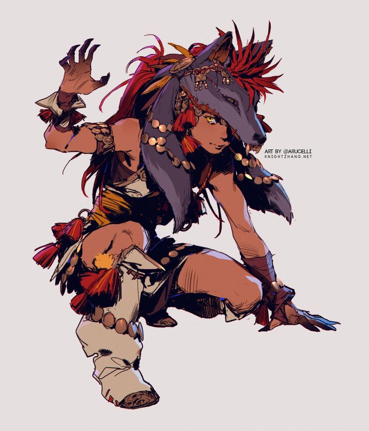 the image showcases a dynamic digital painting of a female fantasy warrior. she is crouched low, her body angled, suggesting movement and readiness. her most striking feature is a large wolf mask or headdress that covers part of her face, and a vibrant mane of red hair flowing behind it. she's dressed in intricately designed tribal attire with a mix of earthy tones and bold reds, accentuated by ornate jewelry and tassels. the style of the artwork is highly stylized, with bold lines, vibrant colors and a focus on expressive detail, particularly in the character's pose and clothing. the overall feeling is one of strength, power, and a fierce spirit.