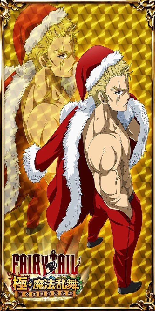 this is a festive image of elfman from the popular anime and manga series fairy tail. he is dressed in a red santa suit with white fur trim and a white santa hat. the background is a gold checkered pattern. the image also has the fairy tail logo and the japanese text "fairy tail christmas battle" at the bottom.  elfman has a muscular physique and is looking to the side with a serious expression. the image is set in a festive style, with a cheerful and magical feel.