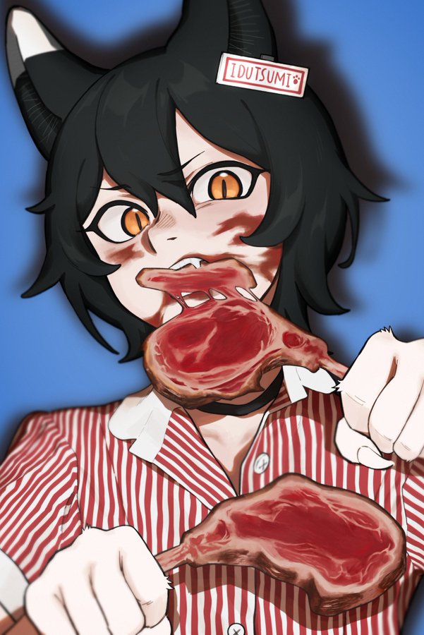 an animestyle catgirl with black hair and orange eyes is shown eating a raw lamb chop. she has blood on her face. she is wearing a red and white striped shirt. a name tag on her hair reads "idutsumi".