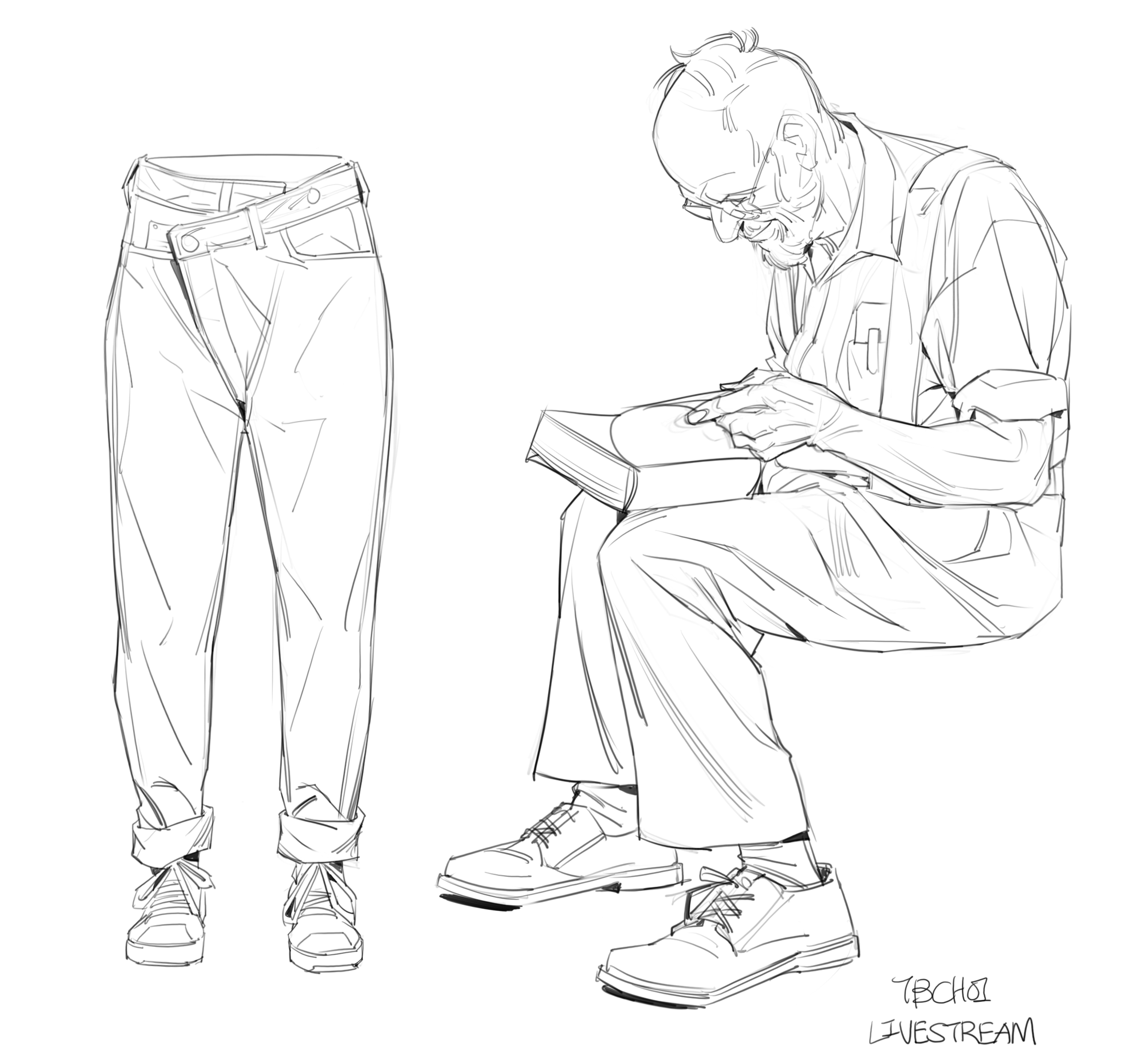 the image contains a line art sketch of an old man sitting and reading a book. he is wearing pants and shoes. next to him is a line art sketch of a pair of cuffed jeans. the style is simple and minimalist, with clean lines and shading. the overall tone is calm and contemplative.