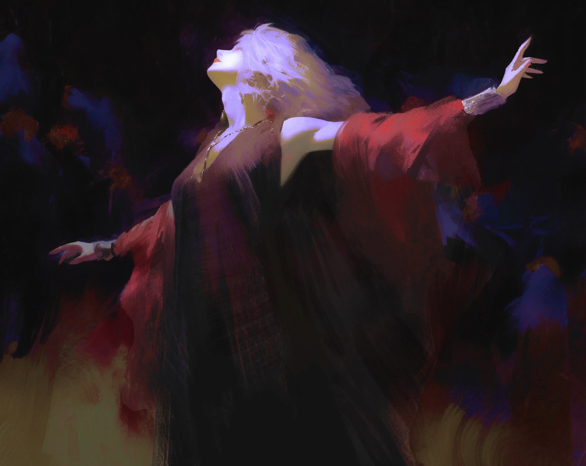 a digital painting of a woman in a long, flowing red and black dress, with long, flowing white hair. she is standing with her arms outstretched, reaching towards the sky. the background is a dark, shadowy, and mysterious, with hints of purple and red. her face is turned upwards, eyes closed, as if she is in a state of trance or prayer.