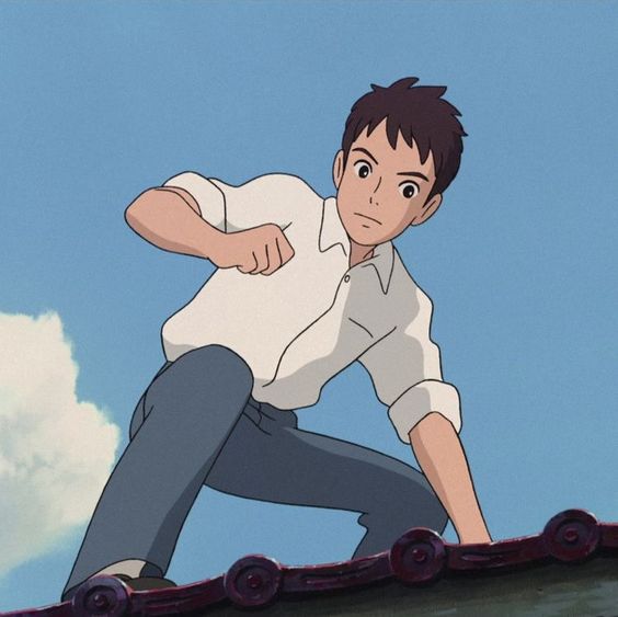 a young man, drawn in the style of studio ghibli, crouches on a rooftop against a bright blue sky. he is looking intently to his right, his brow furrowed with determination, and appears to be in the middle of climbing. the scene suggests a sense of adventure and youthful energy.