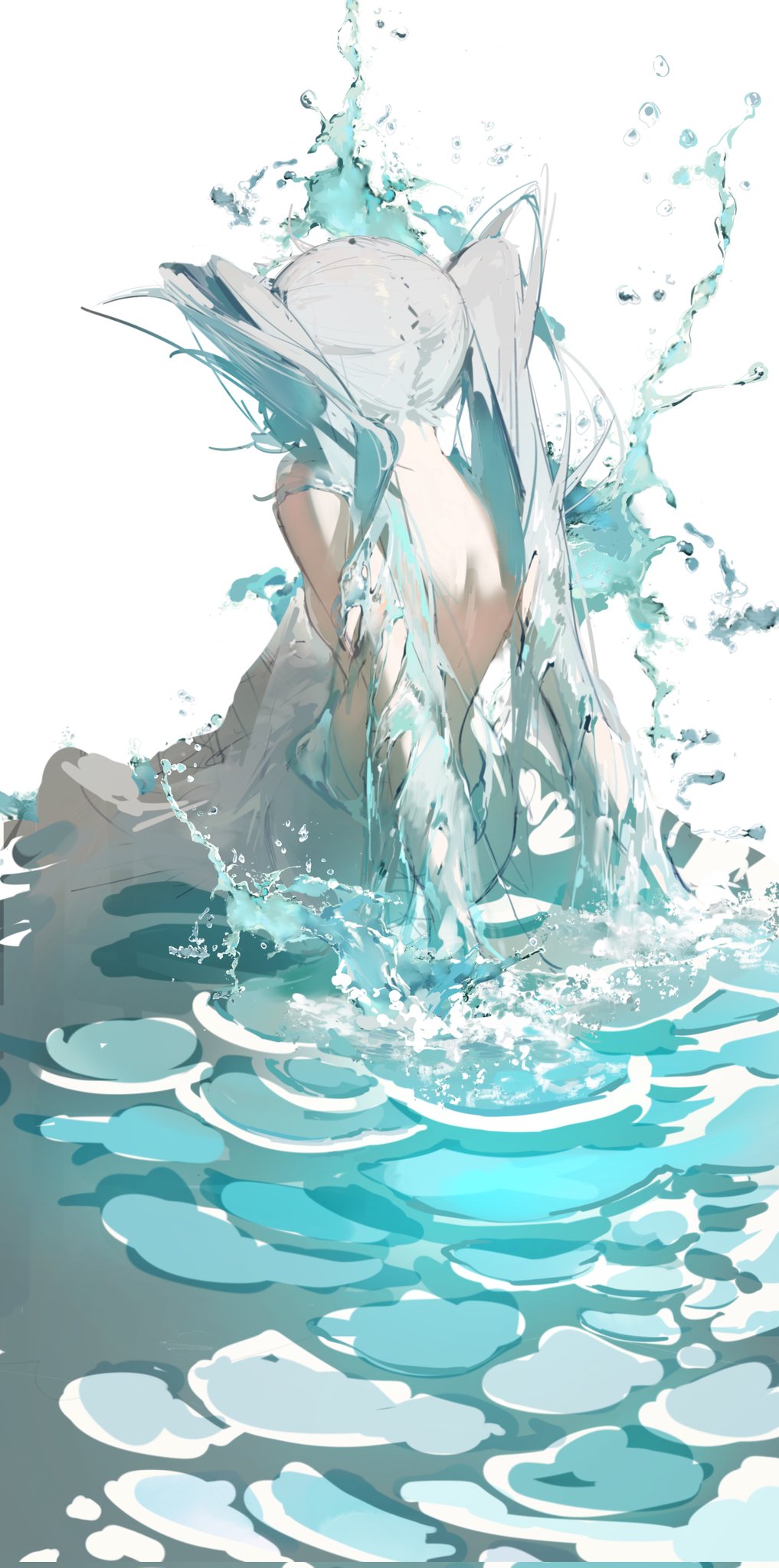 the image is a digital painting of an anime girl with long, white twintails. she is sitting in water, and water is splashing around her. the water is various shades of teal and blue, and the overall style is ethereal and elegant. the background is white. the girl's back is to the viewer, and her expression is not visible. the style is painterly, with visible brushstrokes.