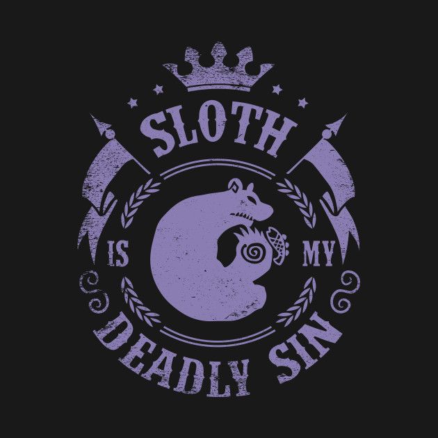 the image is a vintagestyle graphic with a grunge texture. it features a bear eating a burger inside a circular frame. the text "sloth is my deadly sin" is displayed around the circle, and a crown is positioned above. the overall design uses shades of purple and white.