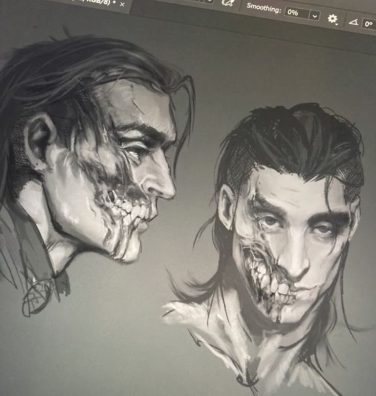 this is a black and white sketch of two men's faces. one of the men's faces is half skull and half skin, with a scary expression. the other man is staring off to the side with a serious expression. the art is very well done, showing lots of detail and skill.