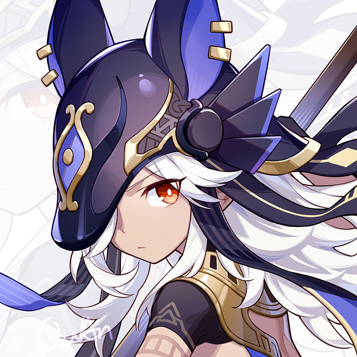 this image features a digitally drawn portrait of a female anime character. she is dressed in a warrior’s attire, with armor, a helmet, and holding a sword. she has long, flowing white hair and blue and black eyes, and is depicted in a dramatic pose, with a fierce expression on her face.