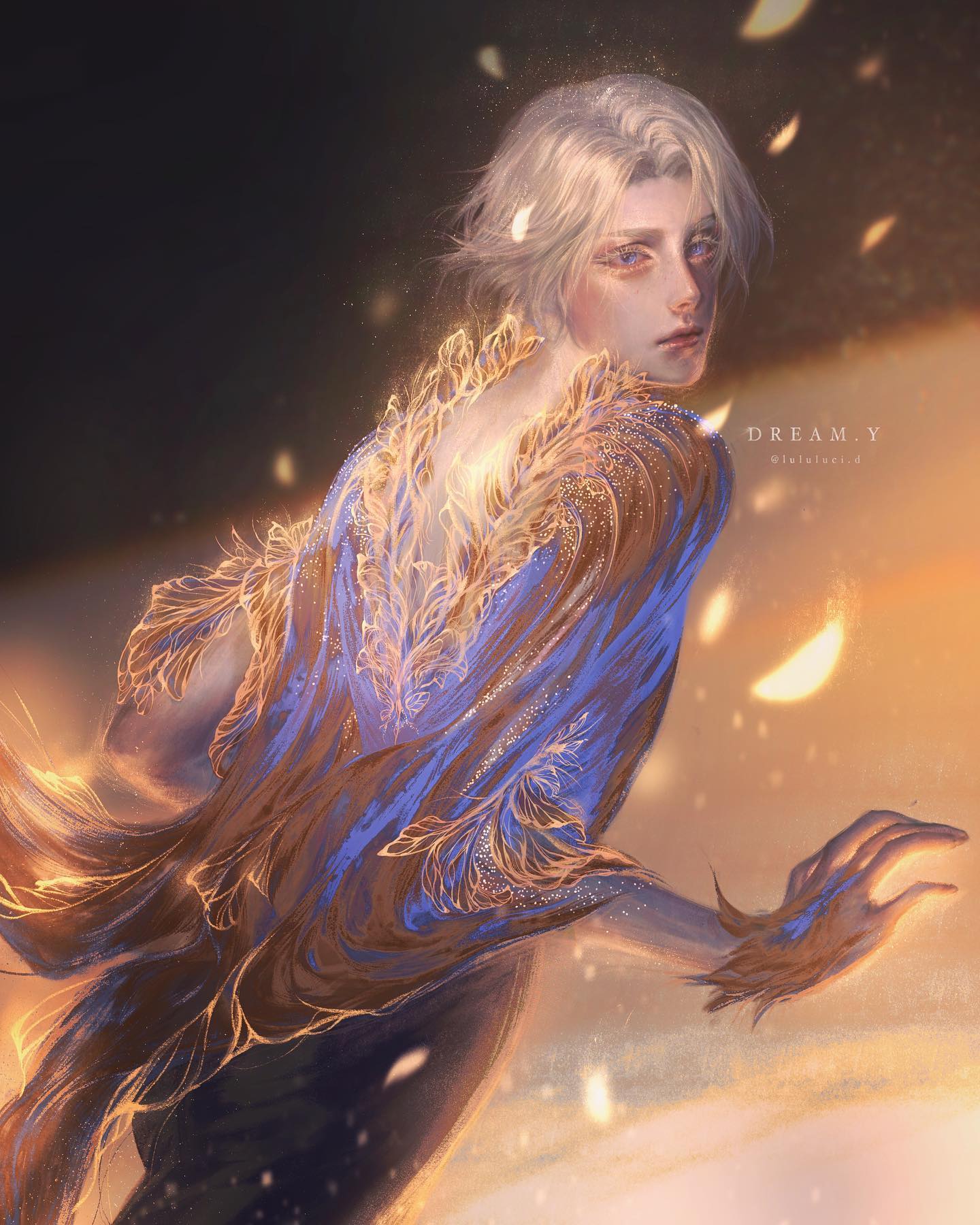 the image showcases a young man with white hair and piercing gaze, clad in a flowing, ethereal costume. the costume is a blend of deep blue and shimmering gold, reminiscent of feathers or wings. the fabric appears to move and flow as if caught in a gentle wind.  glitter and sparkles accentuate the movement and give the impression of magic. the background is dark, contrasting sharply with the figure, and warm, golden light bathes him, emphasizing his ethereal presence. the overall atmosphere is one of magic, grace, and otherworldly beauty.