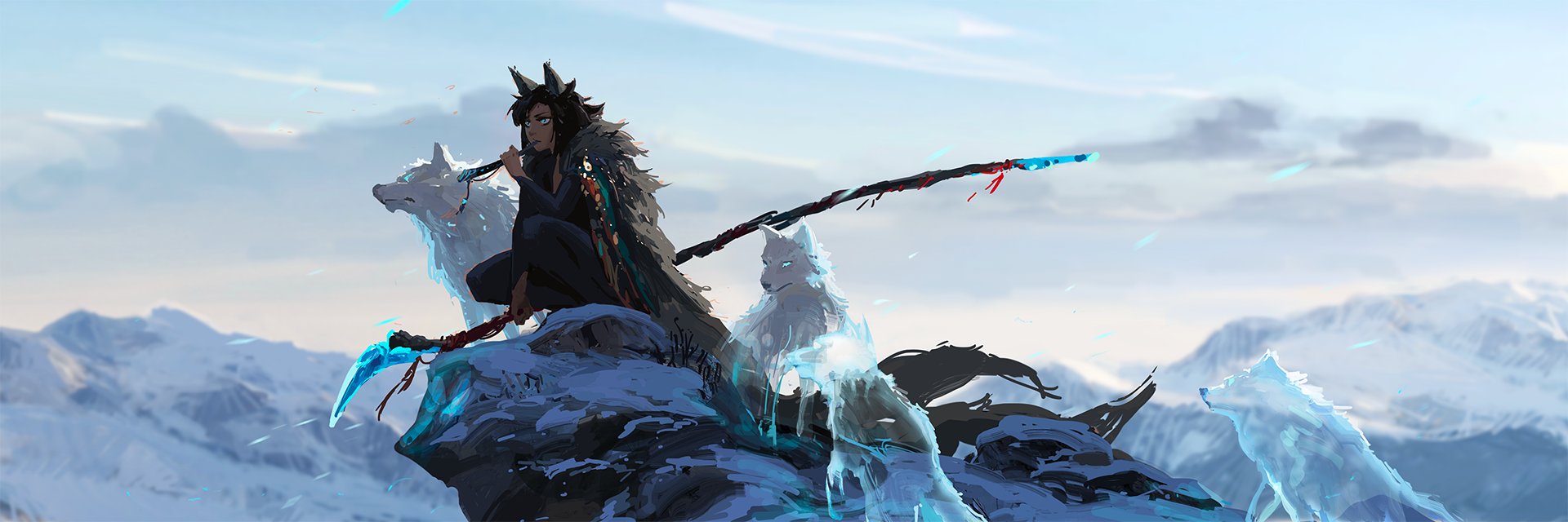the image is a digital painting in an anime style depicting a female character with wolflike ears and a furtrimmed cloak sitting on a snowcovered rock. she holds a staff, and two wolves, one seemingly made of ice, are beside her. the background is a breathtaking vista of snowy mountains under a bright, slightly hazy sky.  the overall mood is one of serene power and mystical beauty. the style is painterly, with visible brushstrokes adding to the ethereal quality of the scene.