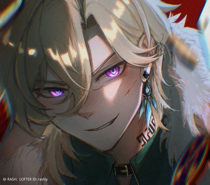 the image is a detailed digital fan art portrait of an animestyle male character. he has long, blonde hair that partially obscures his face.  his eyes are a striking purple, and he has a subtle smirk playing on his lips. he possesses several notable features: scars on his cheek,  earrings with feathers, a visible tattoo on his neck and a darkcolored necklace. he is dressed in what looks like a dark green, highcollared garment. the overall style is dark and elegant, with dramatic use of light and shadow creating a mysterious atmosphere. the background is blurred and suggests a hint of a white feathered cloak or garment. the artwork has a high level of detail and appears to be professionally done.  a watermark in the bottom left corner indicates the artist.