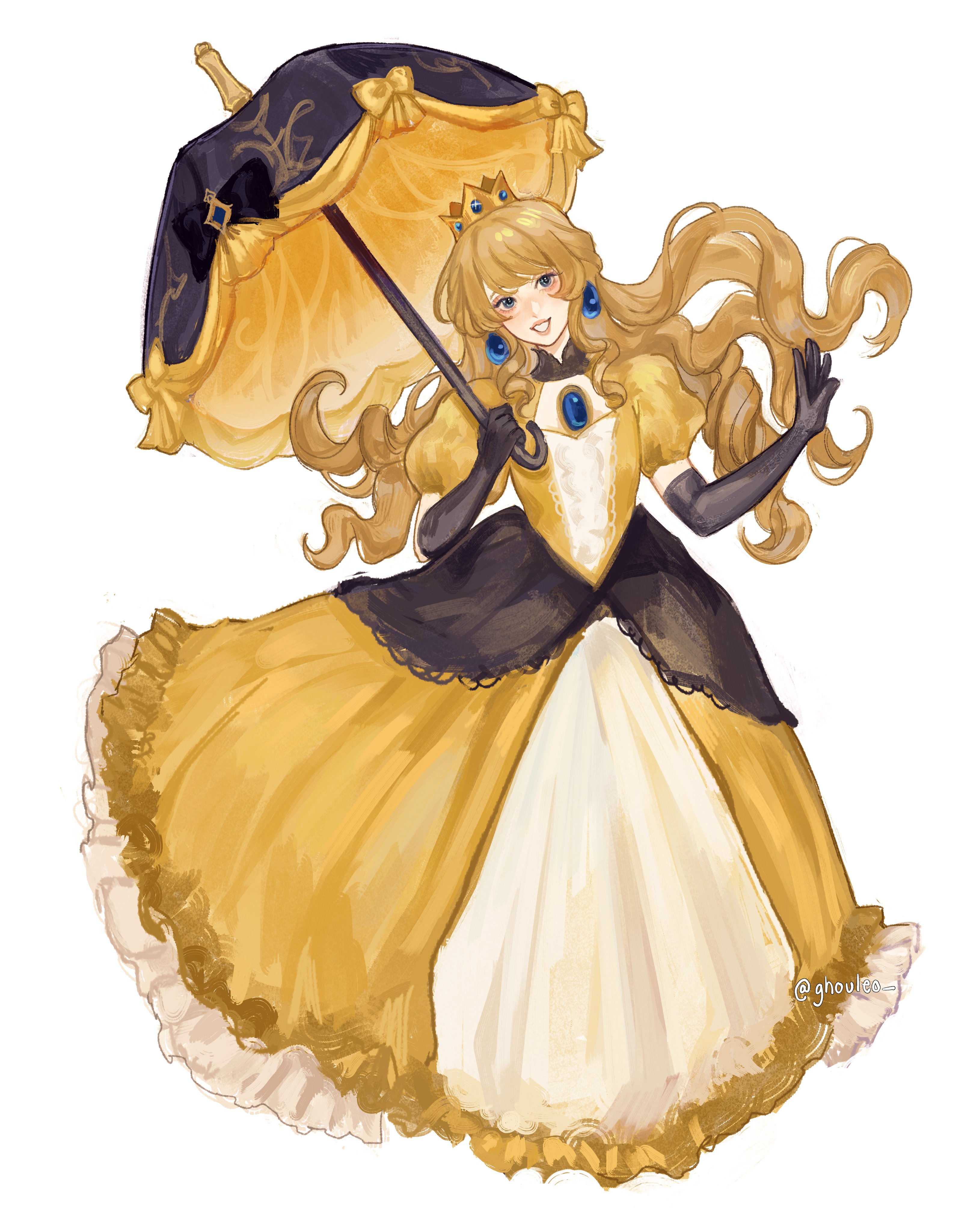 this image is a digital artwork of a princess in a yellow dress with black and gold trimmings, holding a black and gold umbrella. she has blonde hair, a crown and blue eyes. the art style is a combination of anime and cartoon style, with a focus on detail and expression.