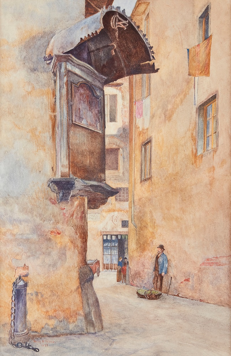 a watercolor painting depicts a narrow european street scene. an ornate, overhanging structure juts out from a tall building on the left, casting a shadow. the street leads into the distance where figures stand near a doorway. a man with a hat leans against the wall to the right, next to a basket. a chain is attached to a post in the lower left corner. clothing hangs from a clothesline between the buildings, and the overall color palette is warm and muted.