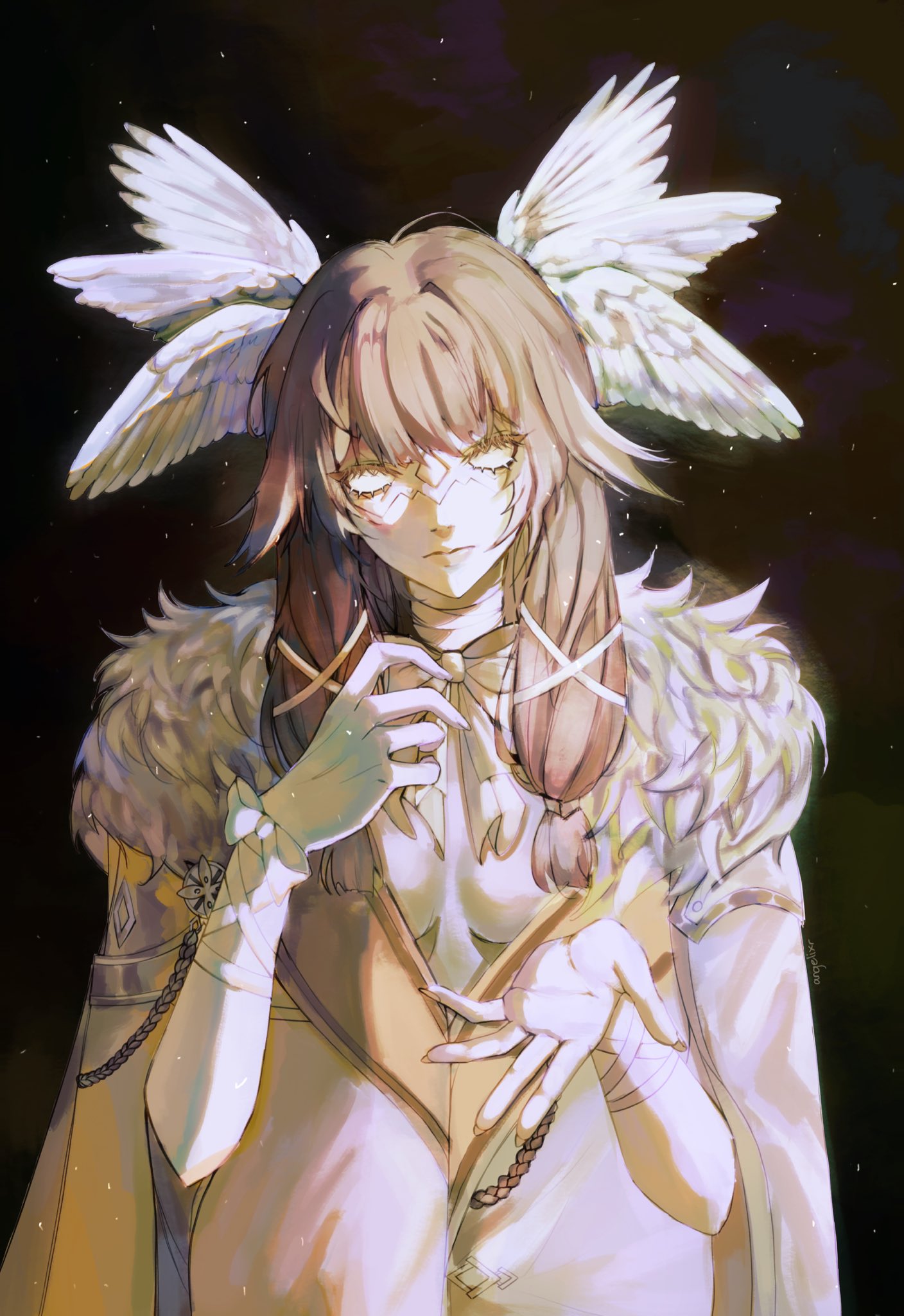 an anime character with white feathers as wings, wearing glasses and a white dress. they appear to be in a magical setting, with glowing lights surrounding them.