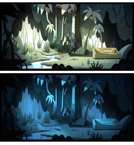 the image shows two almost identical scenes of a jungle cave, one during the day and one at night. in the center of each scene, a couch sits beside a small body of water that leads out of the cave.  the top image is brighter, showing sunlight streaming into the cave opening and illuminating the scene with warm light. the bottom image is darker, lit by cool moonlight with a few points of brighter blue light.