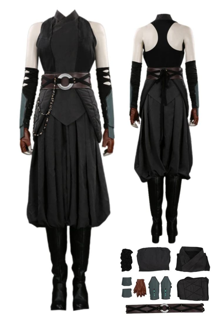 the image showcases a complete cosplay outfit inspired by a female assassin or warrior character, likely from a video game, anime, or fantasy setting.  the costume is predominantly dark grey and black. the main image displays the complete outfit from the front and back, highlighting its design, including the belted top, layered skirt, gloves, and boots.  below, individual components such as extra gloves, parts of the costume, and a belt are displayed, detailing the various elements of the cosplay. the style is reminiscent of a dark, powerful and agile female character.