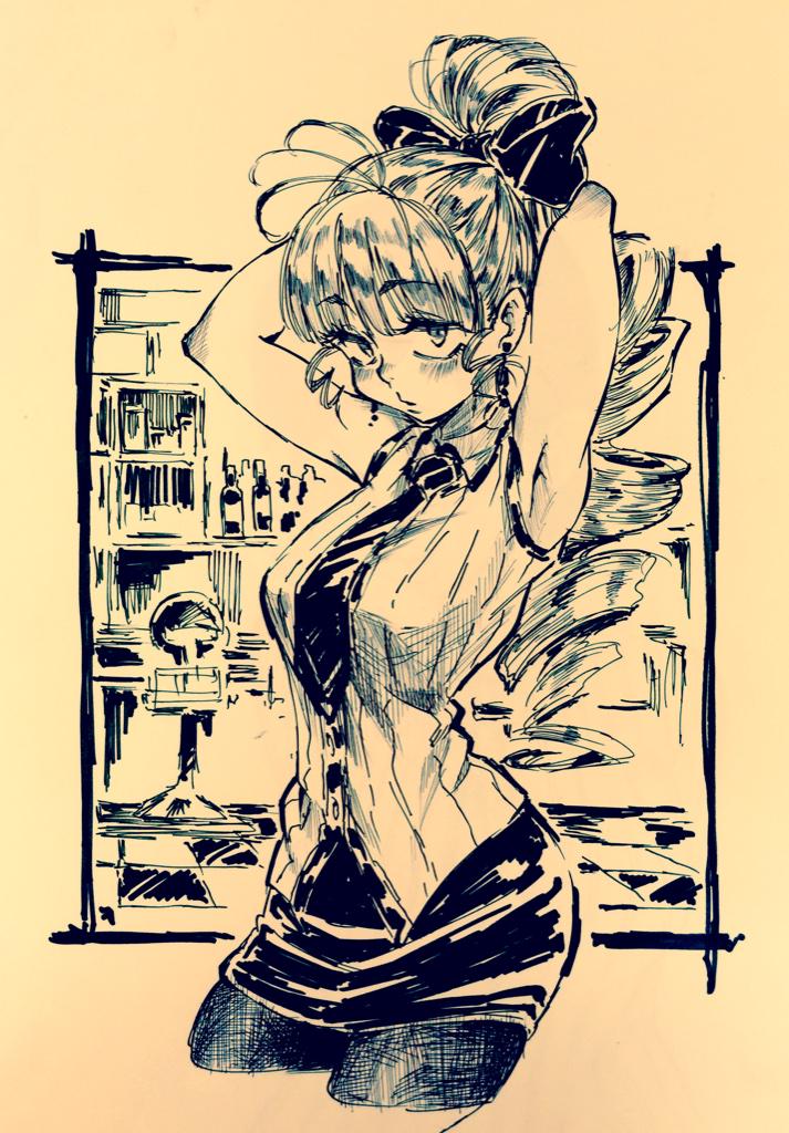 the sketch depicts a young woman, likely an anime or manga character, striking a confident pose inside a bar. she has her arms raised, fixing her high ponytail tied with a large bow. the setting features a bar counter with bottles and a mirror in the background, rendered in a sketchy style with dynamic lines. the overall palette evokes a vintage, sepiatoned photograph.