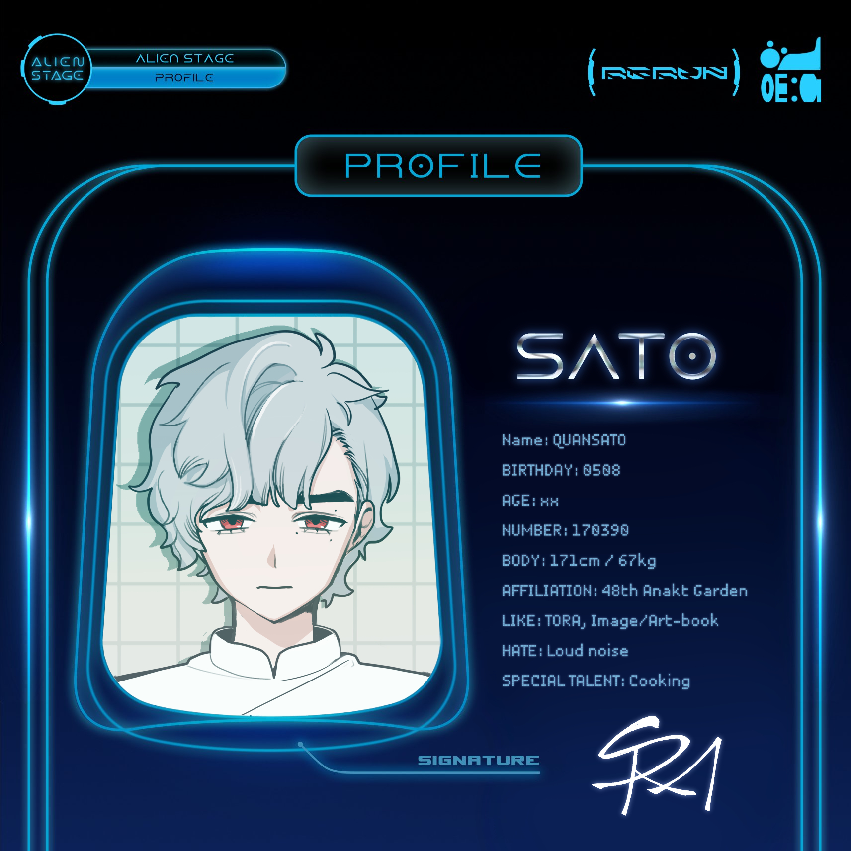 this image is a profile of a character named sato from the game alien stage. the profile includes information about his name, birthday, age, number, body type, affiliation, likes, dislikes, and special talent. the profile also has a signature at the bottom.  sato has silver hair and is wearing a white shirt. he is looking at the viewer. his face is serious. the profile is set against a blue background.