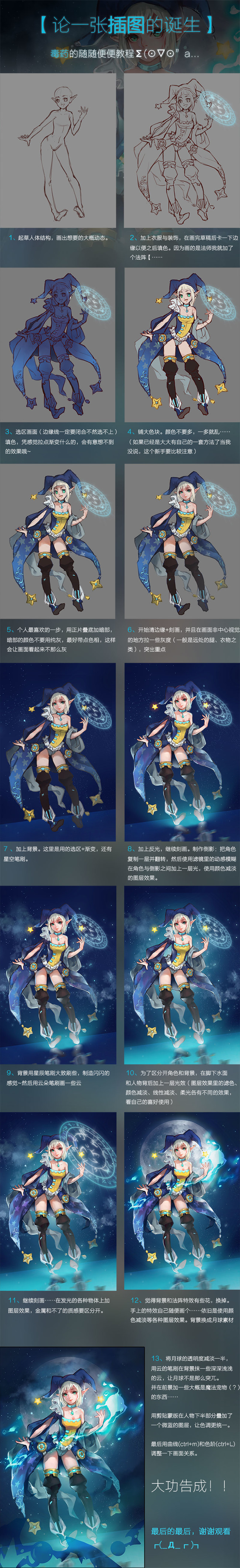 the image shows a stepbystep digital drawing of a bluehaired anime character. the image is split into 10 steps, each showing a different stage of the drawing process. the first step shows a rough sketch of the character, while the last step shows the finished drawing. the steps in between show the process of adding details, shading, coloring, and adding effects. the character is a girl with long blue hair, wearing a white dress and blue wings. she is surrounded by stars, clouds, and water. the background is a dark blue sky with stars. the image is a great example of how to create a digital drawing of an anime character.