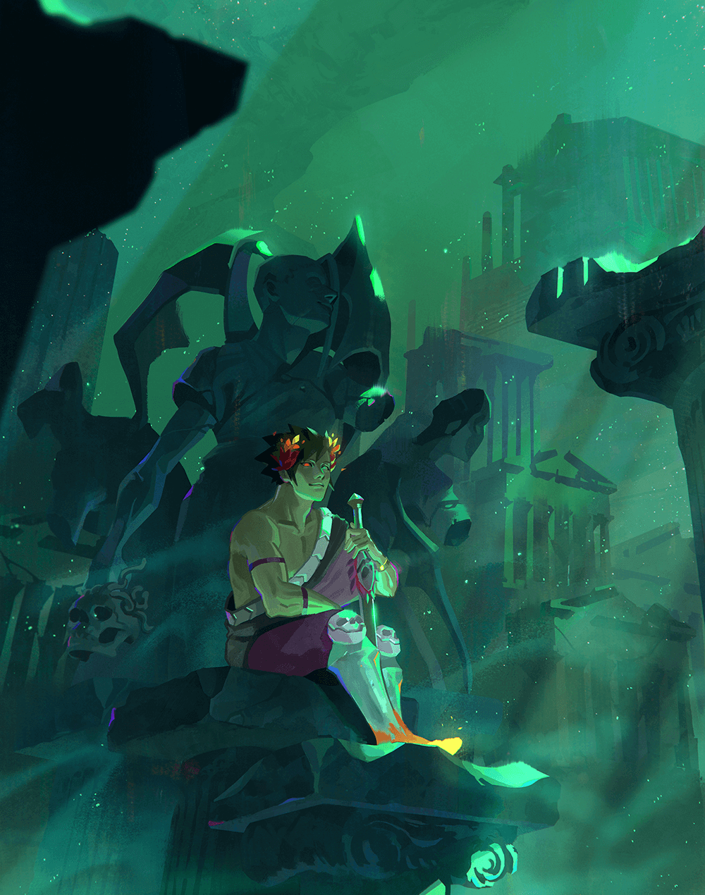 a digitally painted illustration set in a fantasy world, with a male warrior in a crimson and white tunic, adorned with a crown of fire,  sitting on a stone with a glowing blade in his hand. he looks toward the left as he sits in the ruins of a temple made of mosscovered stone. the background is a dense green mist, suggesting a magical environment. the warrior is surrounded by stone statues and ancient artifacts, suggesting a powerful and heroic presence.