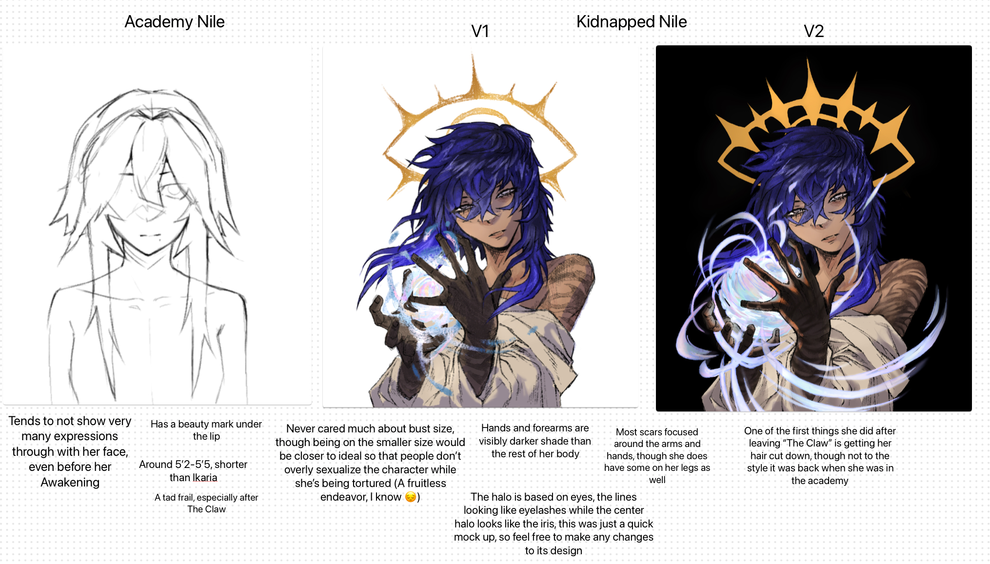 the image shows a character design of "academy nile" and "kidnapped nile" in two versions (v1 and v2). the character is drawn in anime style. academy nile is a sketch showing a character with long hair, no expression, and a beauty mark under the lip. v1 shows the character after being kidnapped with blue hair, dark skin tone on hands and arms, and a halo around their head, holding an energy orb. v2 also shows the kidnapped version with shorter hair, and more visible scars. the descriptions discuss her personality, height, and the changes after leaving "the claw".