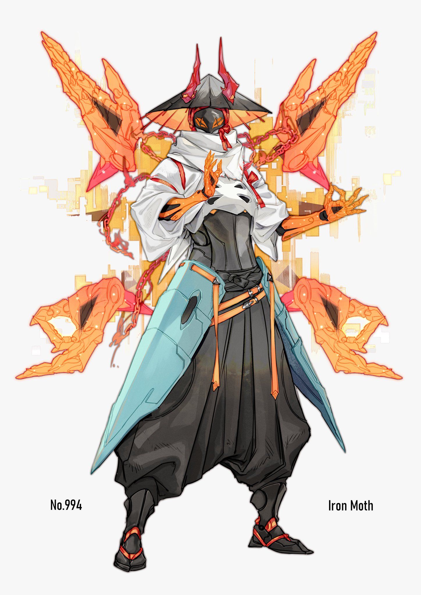 a digital illustration of a futuristic samurai warrior known as iron moth. the figure stands against a white background, illuminated by front lighting. the warrior's design is a blend of traditional japanese aesthetics and cyberpunk elements, featuring a conical hat, flowing white robes, and sleek armor with glowing orange accents. six mechanical arms with clawed fingers extend outward, resembling wings. the figure is meticulously detailed, exuding an aura of power and advanced technology.