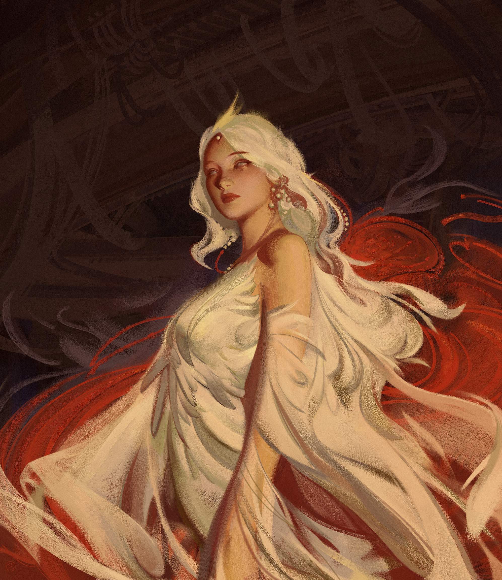 the image is a digital painting depicting a fantasy woman. she possesses long, flowing blonde hair and wears a flowing, white, almost featherlike dress.  the dress drapes dramatically around her, suggesting movement or wind.  she wears pearl earrings and a small, ornate headpiece. the background is a rich, dark red with swirling patterns, providing a strong contrast to her light clothing.  the overall style is ethereal and dramatic, hinting at a mystical or magical character. the artist's skill is evident in the soft blending of colors and the realistic rendering of the woman's features. the overall mood is one of grace, serenity and a touch of mystery.