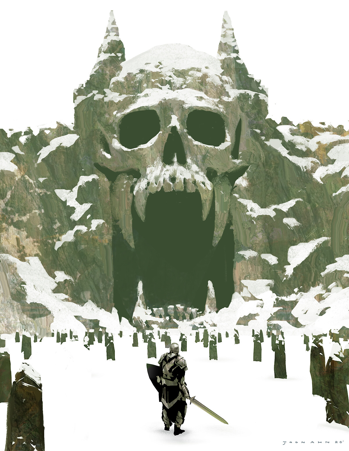 a lone warrior, clad in armor and wielding a sword and shield, stands before a forbidding cave entrance. the cave is shaped like a monstrous skull with sharp teeth, carved into a snowy mountain.  a field of weathered tombstones stretches before the cave, creating a chillingly silent graveyard. the atmosphere is heavy with anticipation and a sense of impending danger.