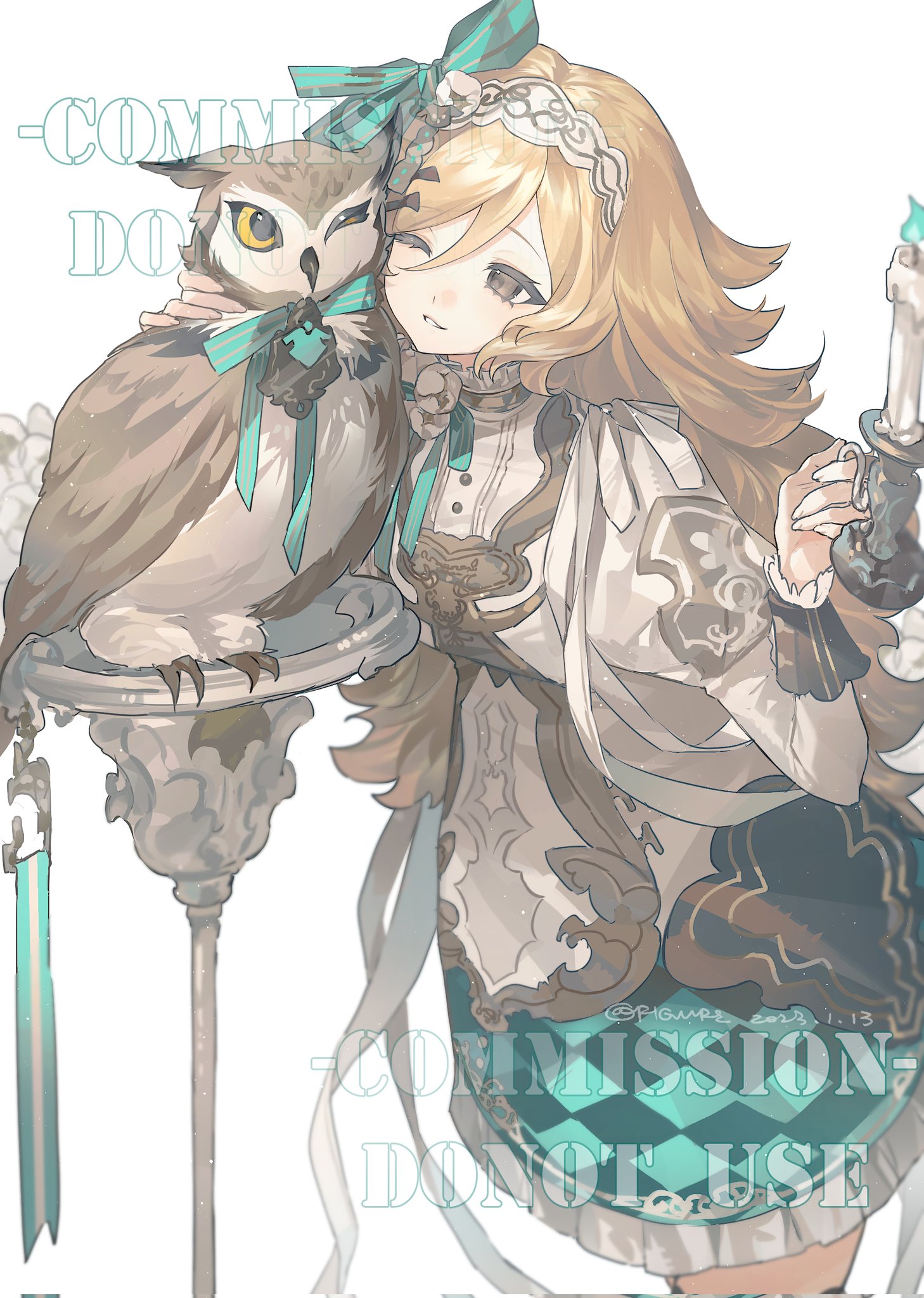 a cute illustration of an anime girl holding a candle and with an owl sitting on a decorative stand. the owl has a ribbon with an ornament tied around its neck. the girl is wearing a dress and a decorative headwear.